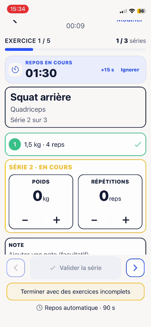 Écran d’une séance active dans Série
